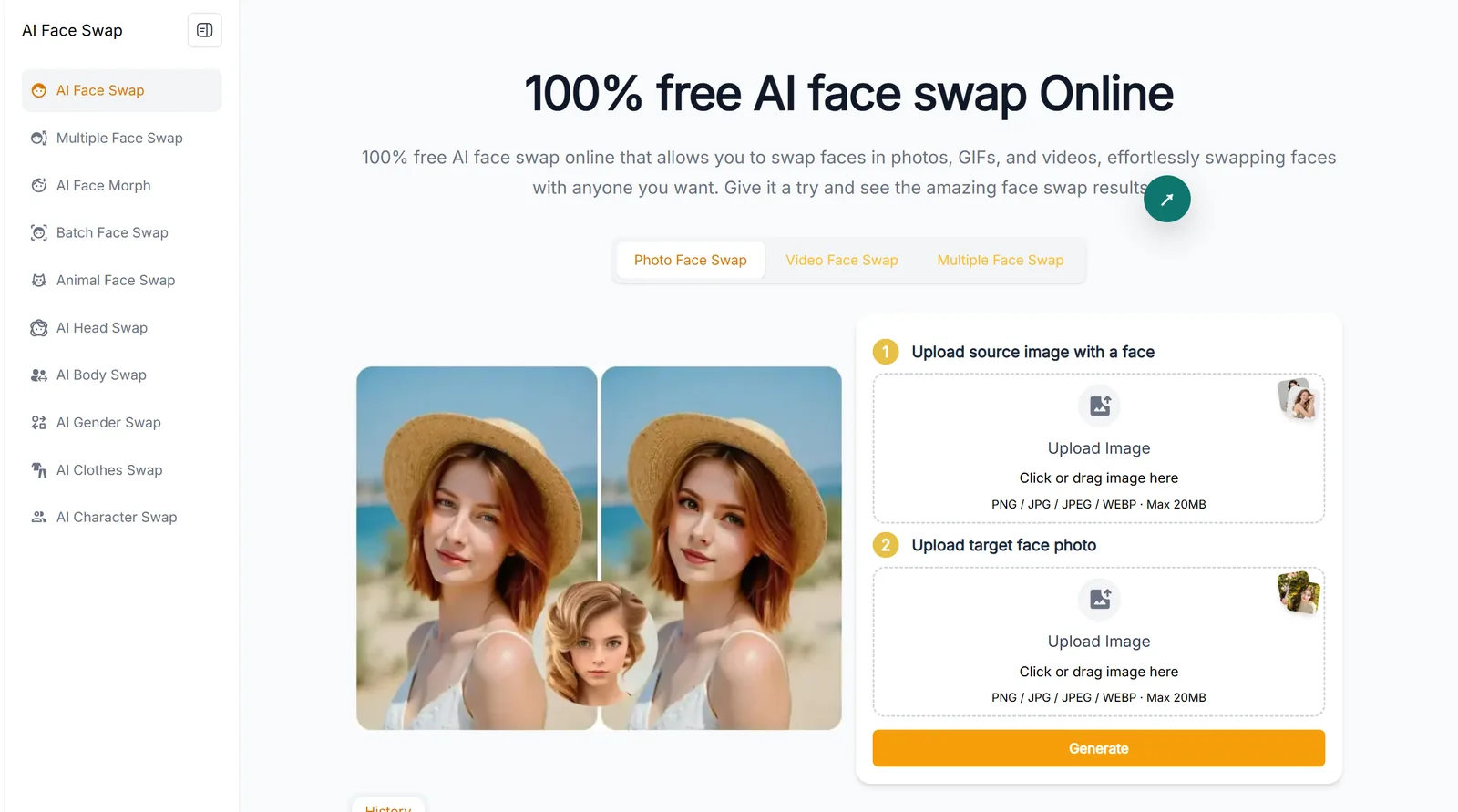 Live3D AI Face Swap主页面，展示照片、视频和多人换脸的上传式操作界面。