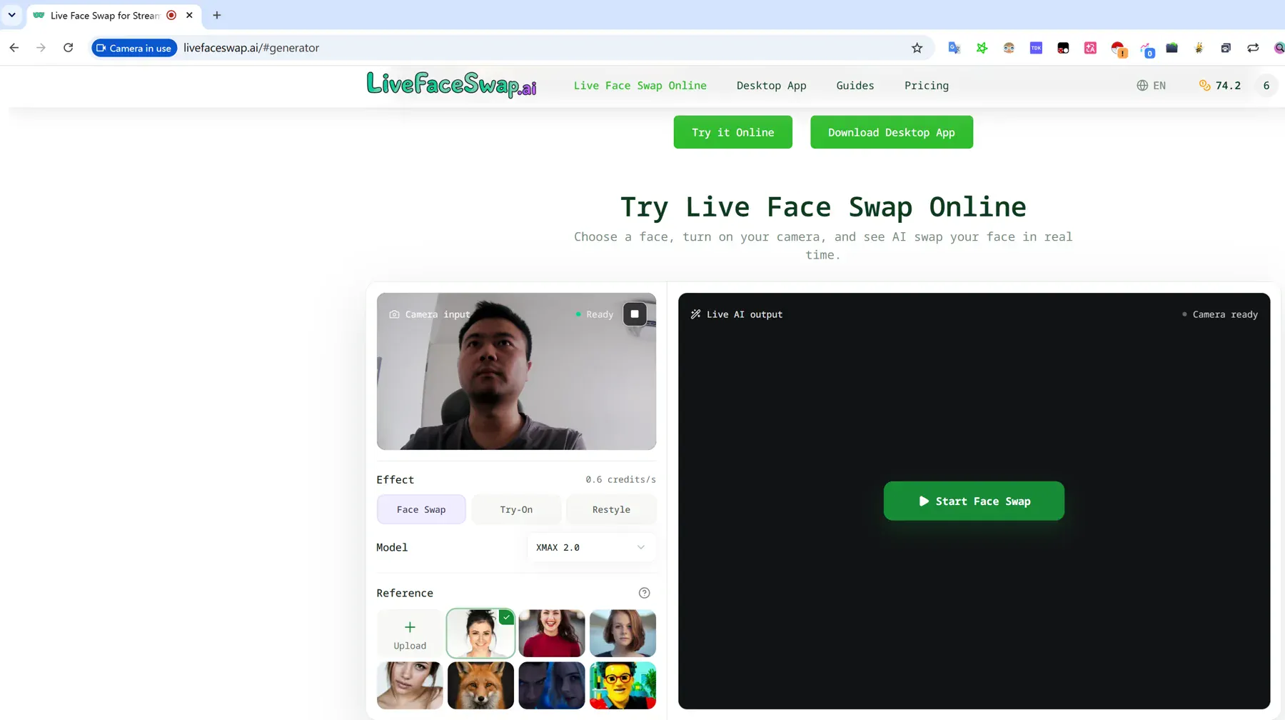 LiveFaceSwap AI with a live Camera input on the left and Live AI output waiting to start on the right.