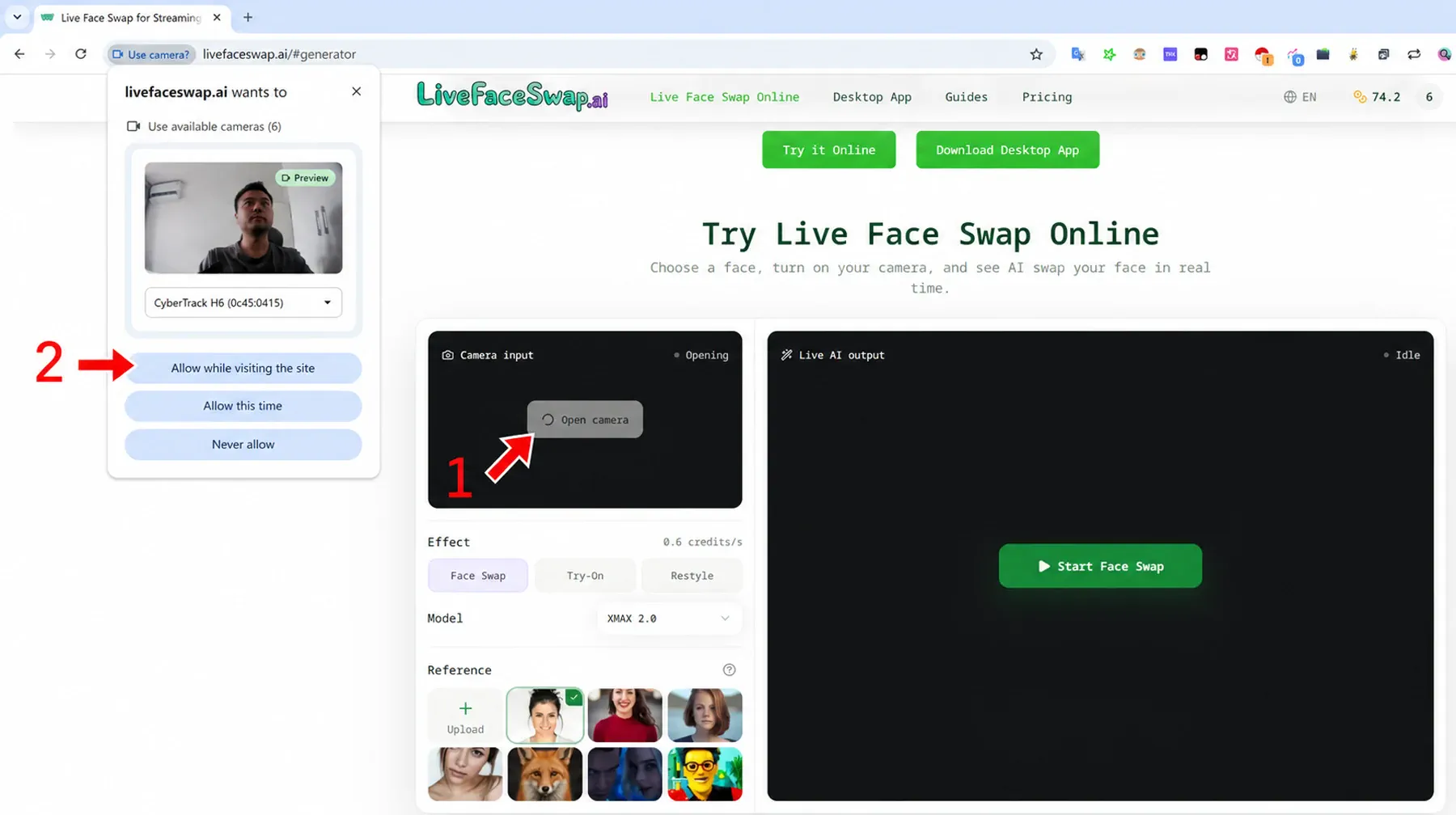 Chrome camera permission prompt with step 1 pointing to Open camera and step 2 pointing to Allow while visiting the site.