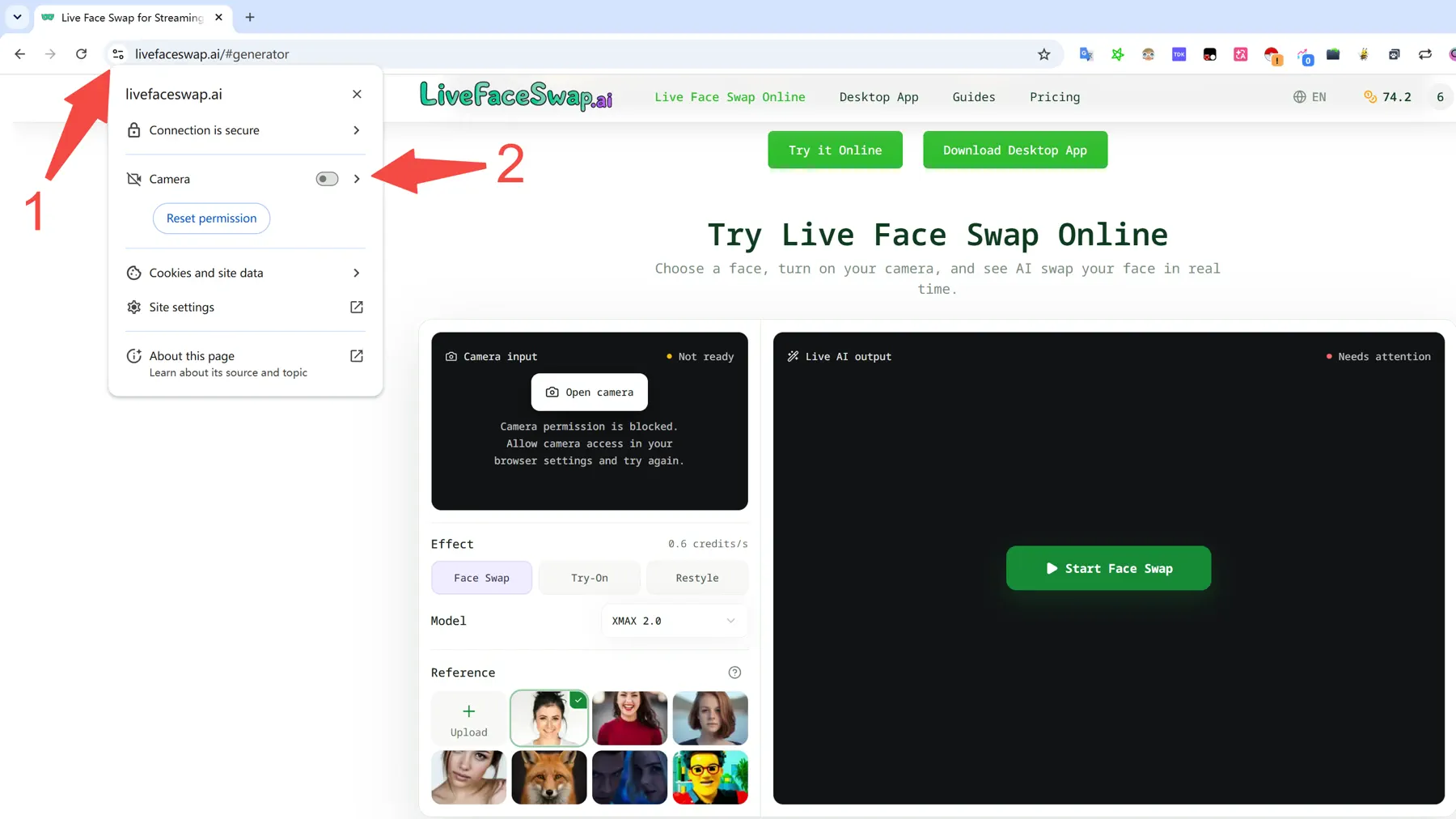 Chrome site controls with step 1 pointing to the site controls icon and step 2 pointing to the blocked Camera setting.