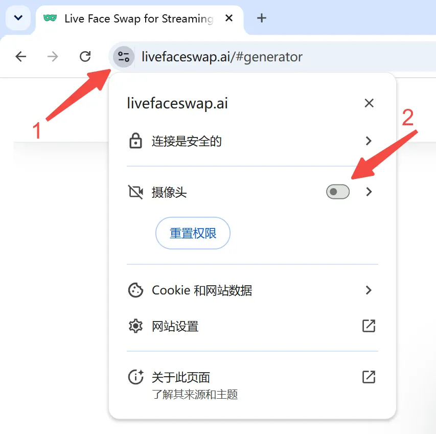 Chrome 网站控制面板：标记 1 指向地址栏左侧的网站控制图标，标记 2 指向被阻止的摄像头权限设置。