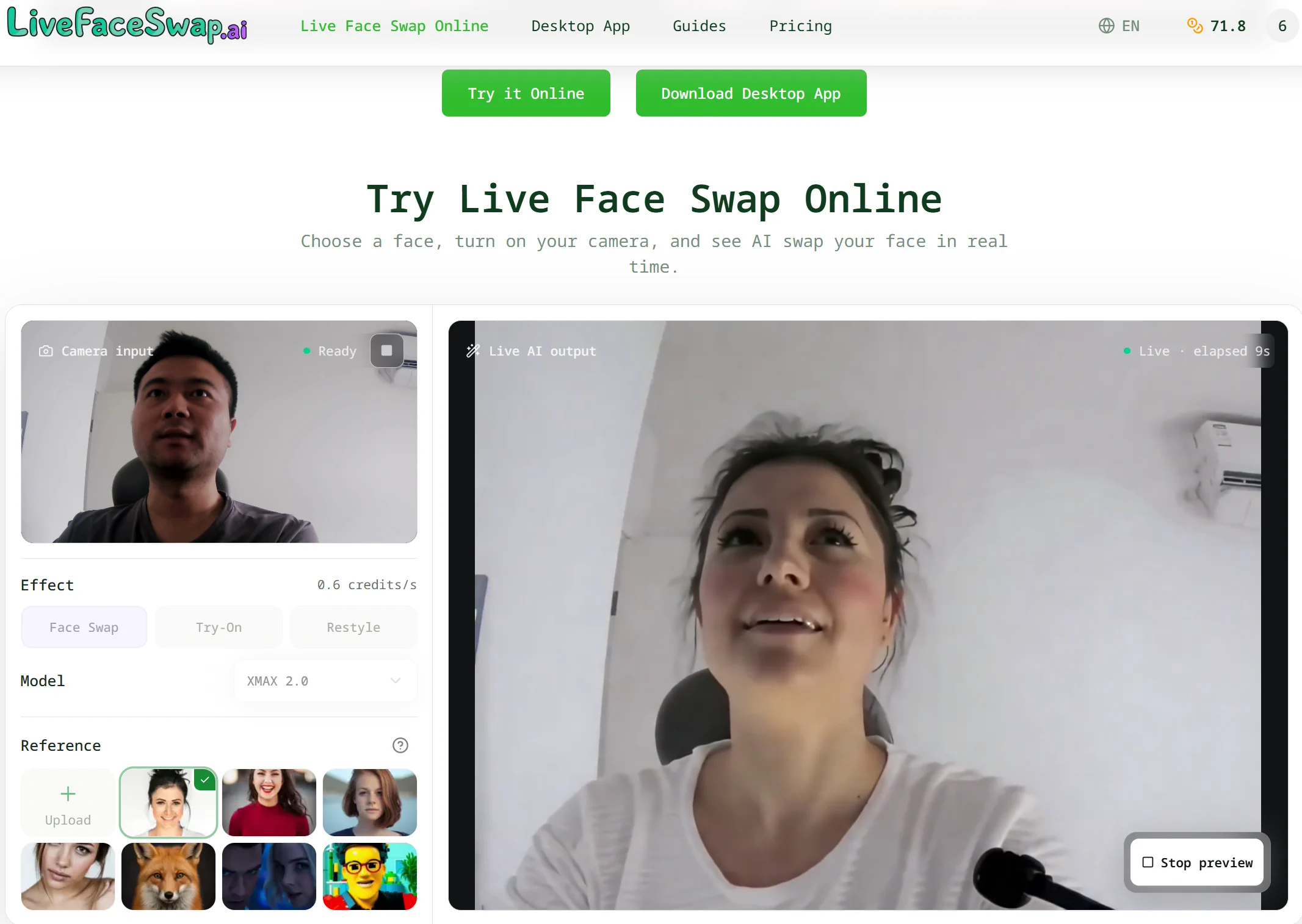 LiveFaceSwap AIのブラウザ画面で、左に元のカメラ映像、右にリアルタイムのAI出力が表示されている