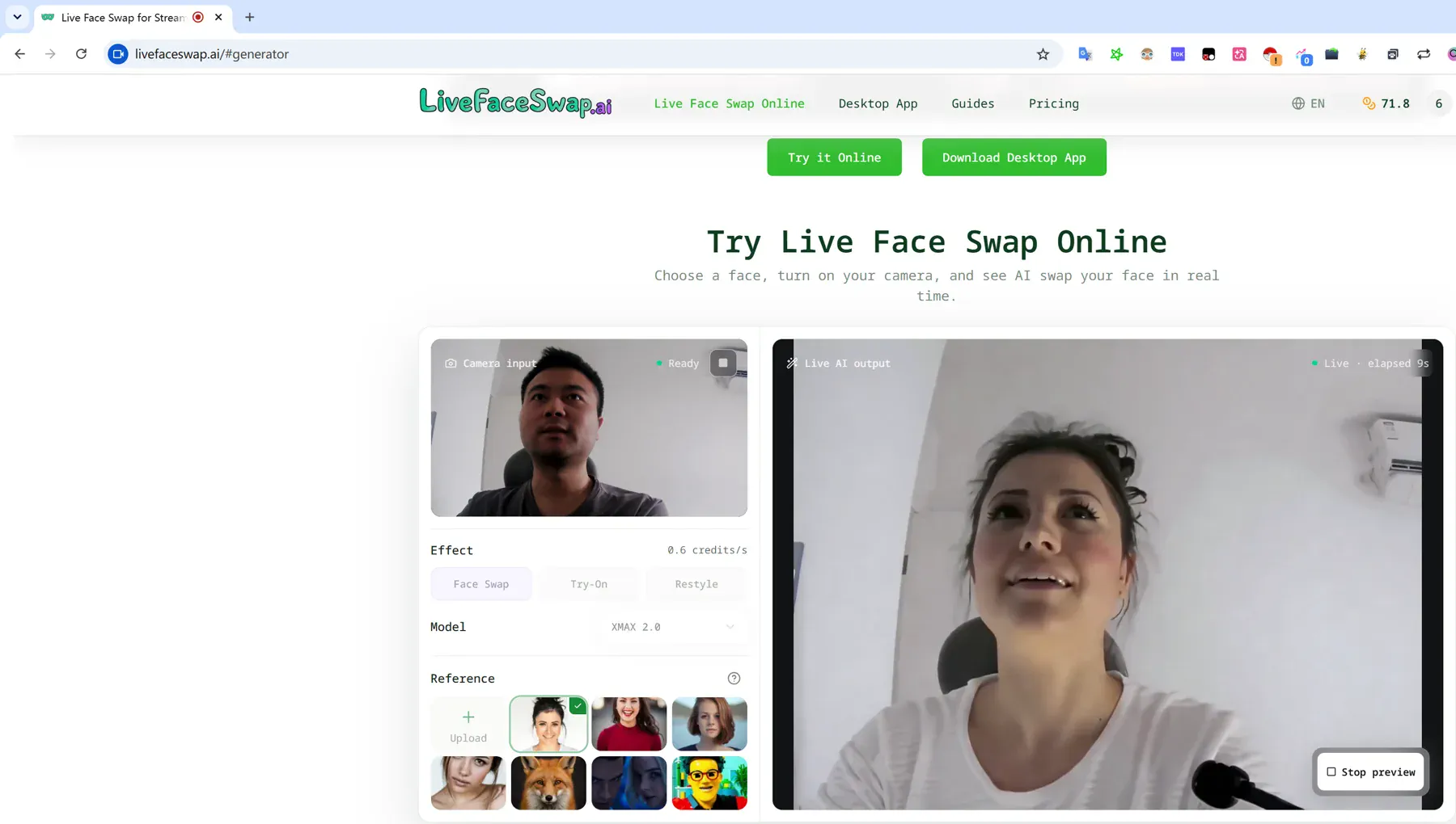 LiveFaceSwap AI running a live face swap, with the original camera input on the left and transformed video on the right.