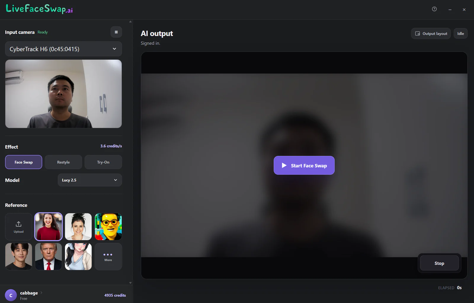 LiveFaceSwap Desktop for Windows showing a detected physical camera and a live Input camera preview