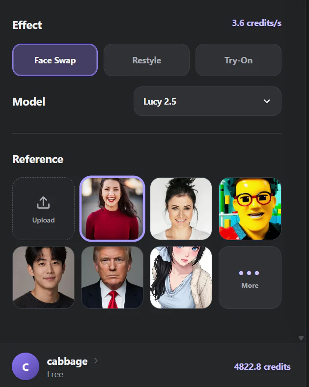 LiveFaceSwap Desktop for Windows showing the Face Swap effect, AI model, and reference image settings