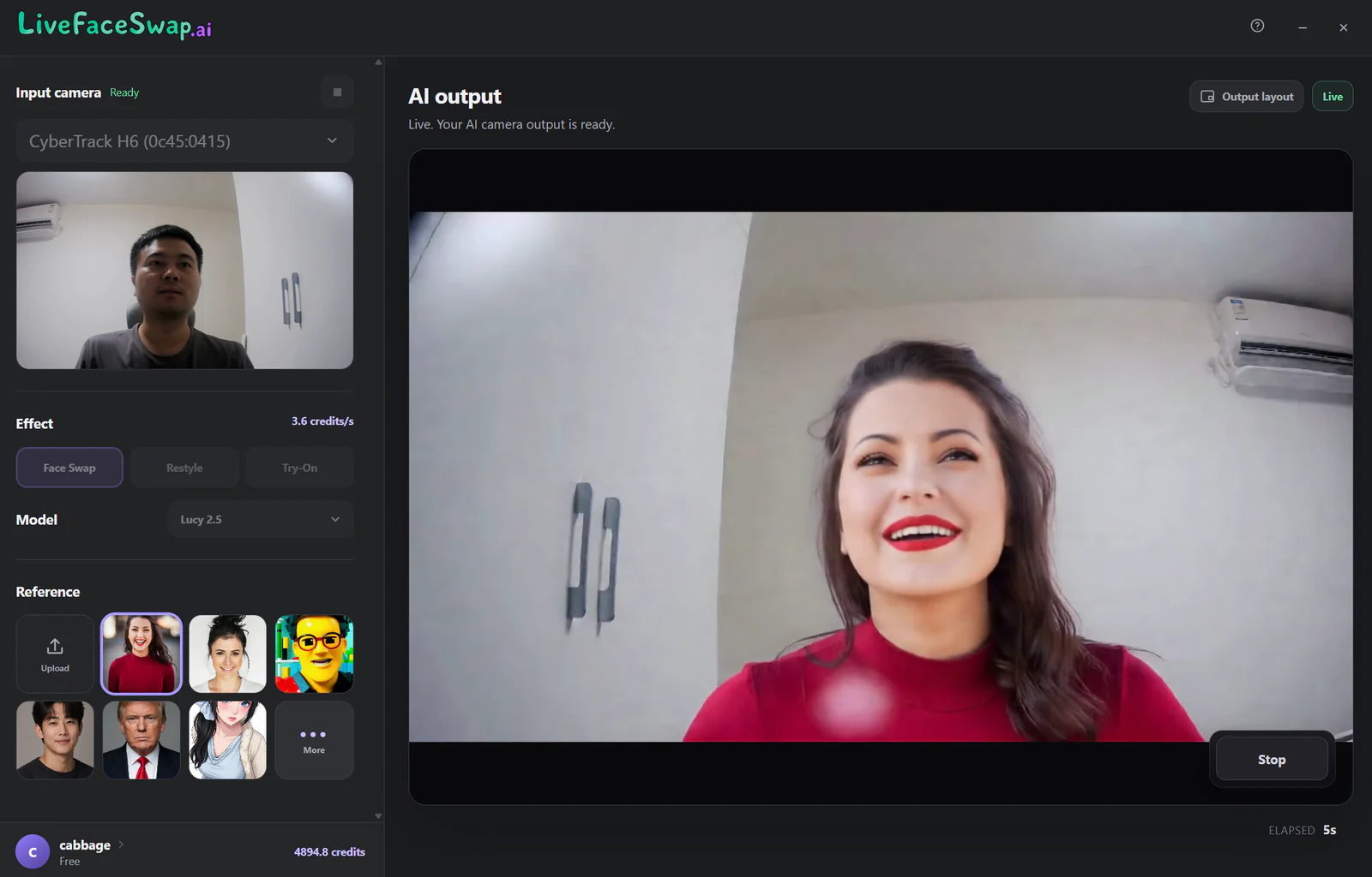 LiveFaceSwap Desktop running a real-time face swap with the original camera feed on the left and the AI output on the right