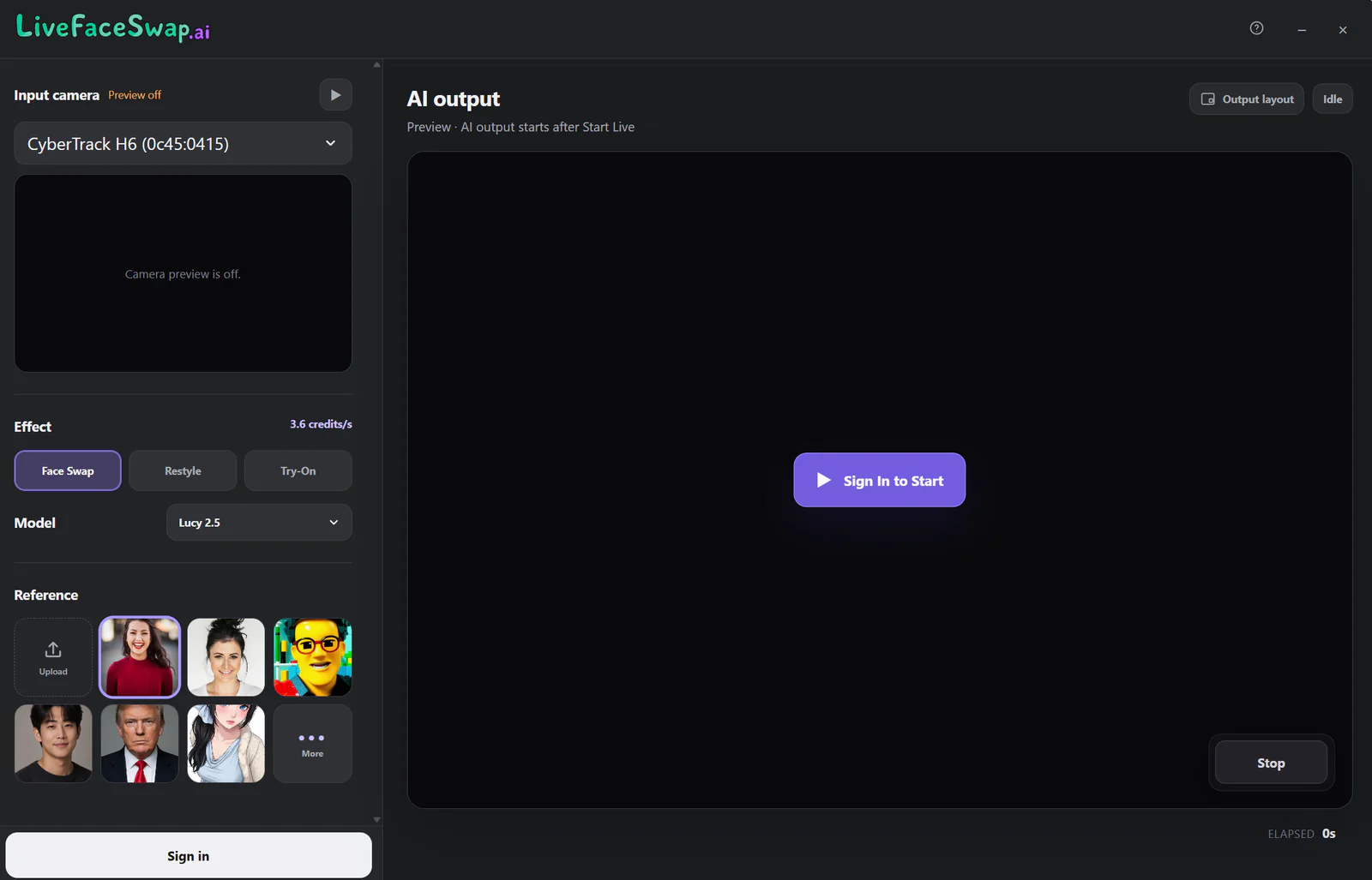 LiveFaceSwap Desktop for Windows with real-time face-swap controls on the left and the AI output panel on the right