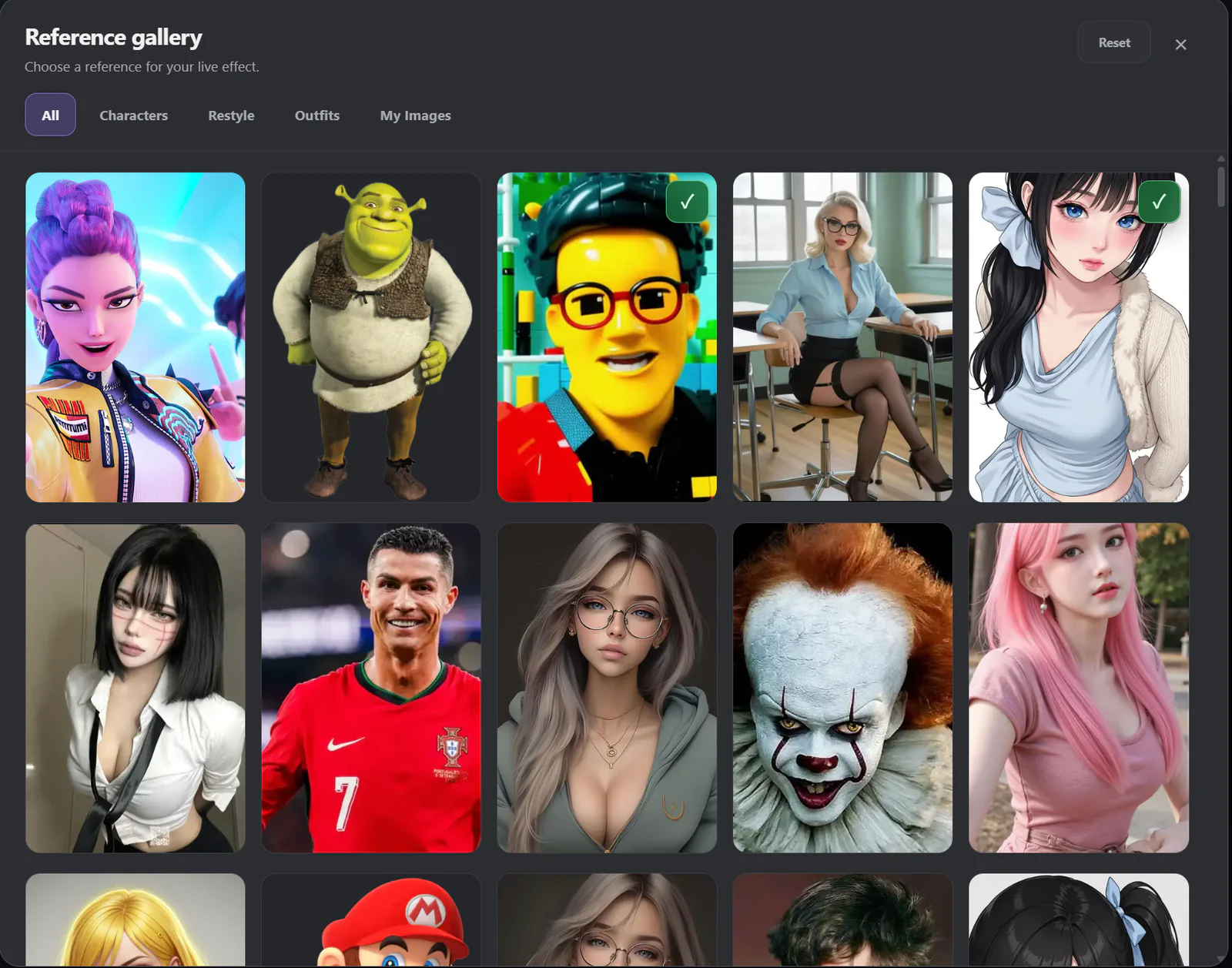 LiveFaceSwap Reference Gallery with categorized reference images for real-time face swapping