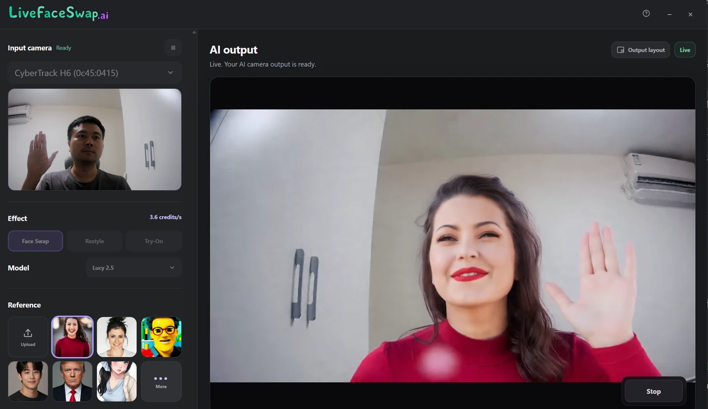 LiveFaceSwap Desktop running a real-time Face Swap session, with the physical camera input on the left and the processed AI output on the right