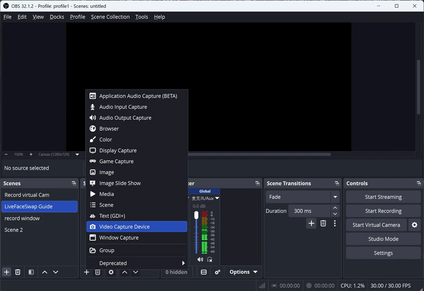 OBS Studio Sources add menu with Video Capture Device highlighted in the LiveFaceSwap Guide scene