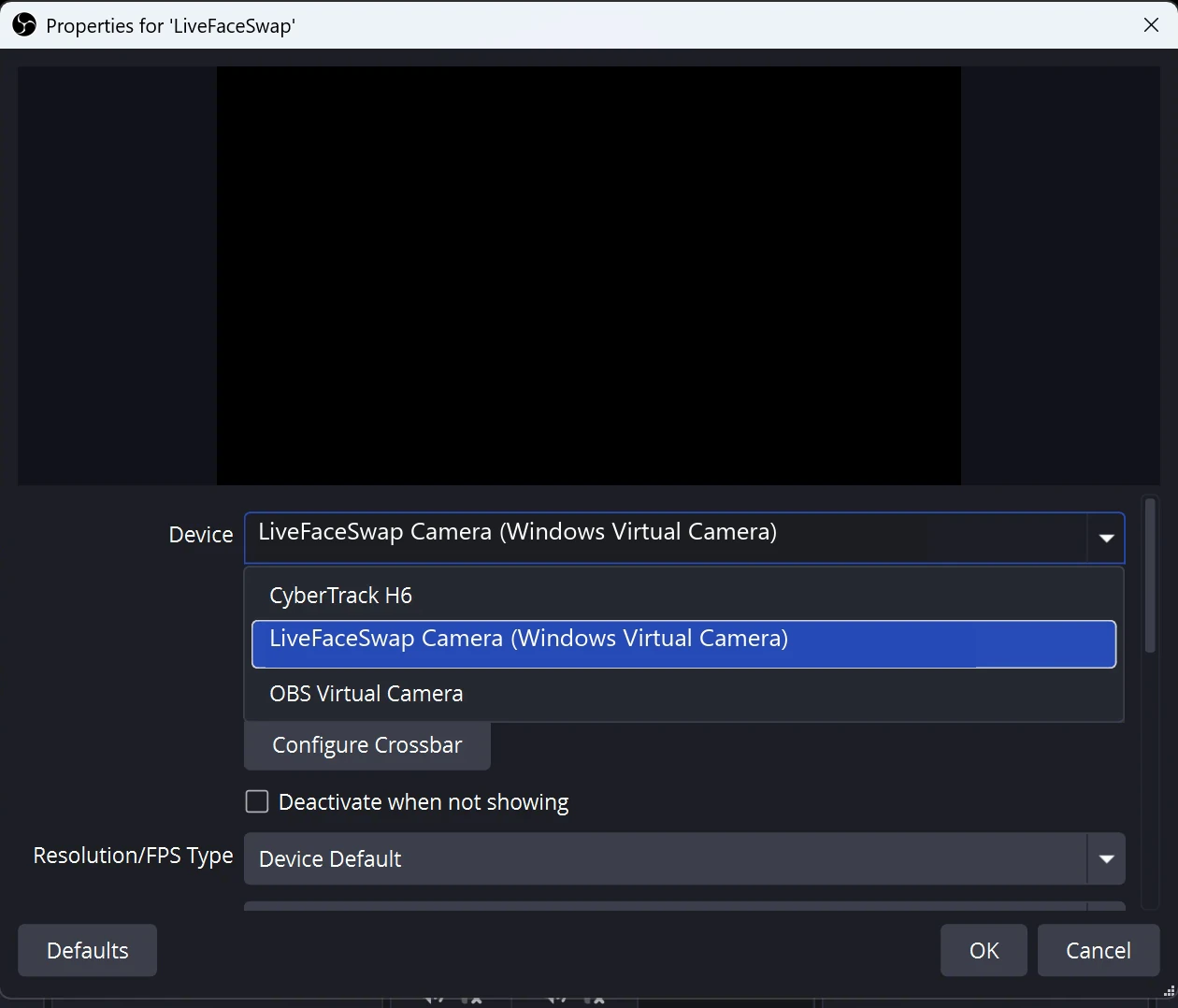 OBS Studio properties for the LiveFaceSwap source, with LiveFaceSwap Camera (Windows Virtual Camera) selected in the Device menu