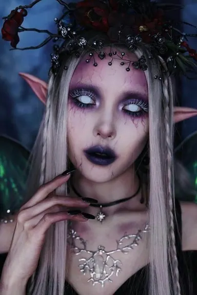 Dark fairy makeup reference with sharp eye styling and fantasy Halloween details