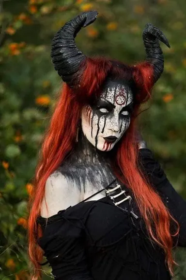 Red demon makeup reference with dark eye detail and sharp Halloween styling