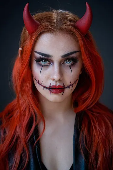 Halloween devil-inspired beauty makeup with red tones, horns, and dramatic shadows
