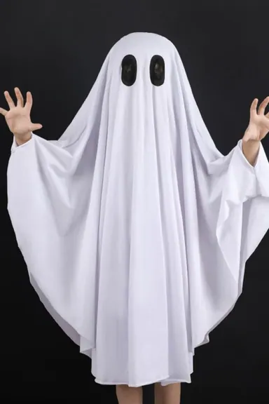 Classic white ghost costume reference with a simple hooded Halloween silhouette