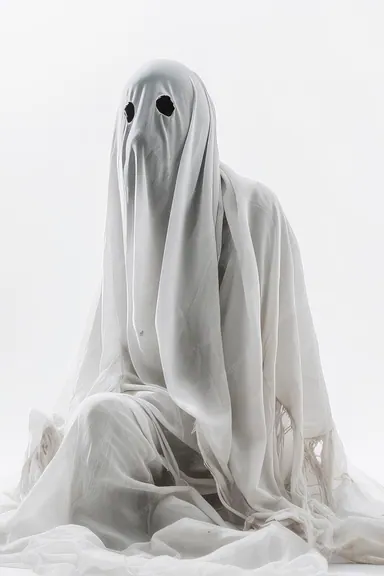 Minimal ghost costume portrait on a plain background for Halloween role selection