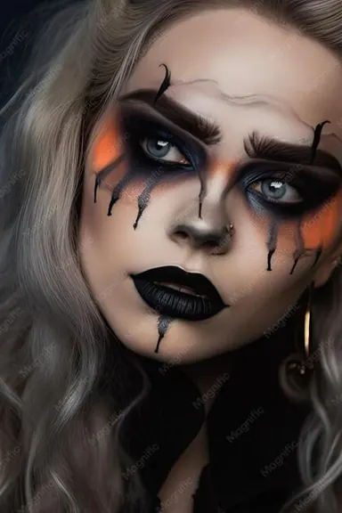 Dark gothic portrait with smoky makeup, black styling, and moody Halloween lighting