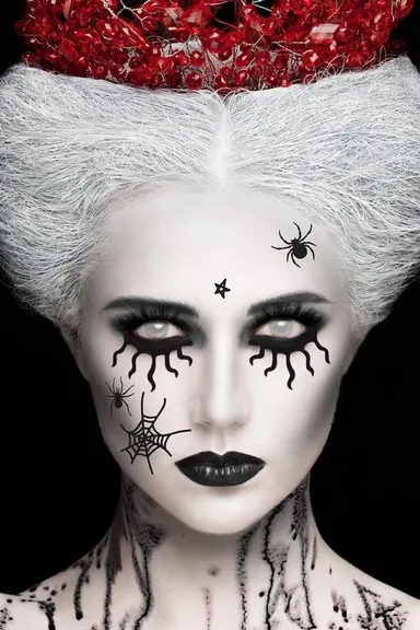 Gothic witch portrait with pointed hat, black dress, and theatrical Halloween makeup