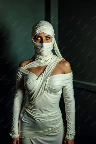 Mummy costume portrait wrapped in pale fabric with mysterious Halloween lighting