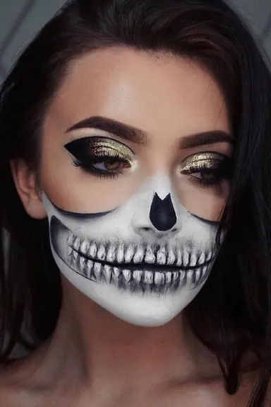 Halloween skull face makeup with glasses and high-contrast black-and-white bone details