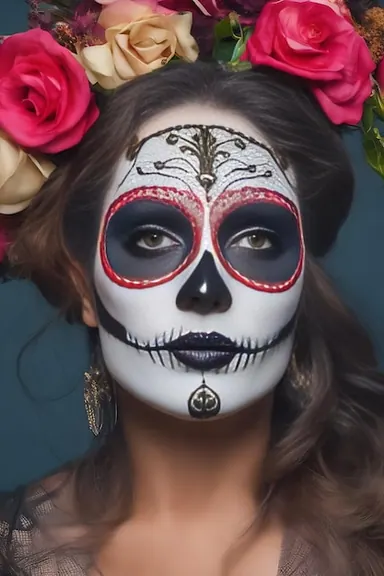 Halloween sugar skull makeup portrait with floral face paint and Day of the Dead styling