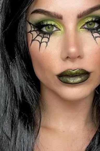 Green witch face makeup reference with bold Halloween character styling