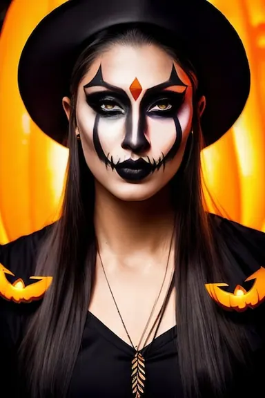 Carnival witch portrait with orange backdrop and fantasy Halloween makeup