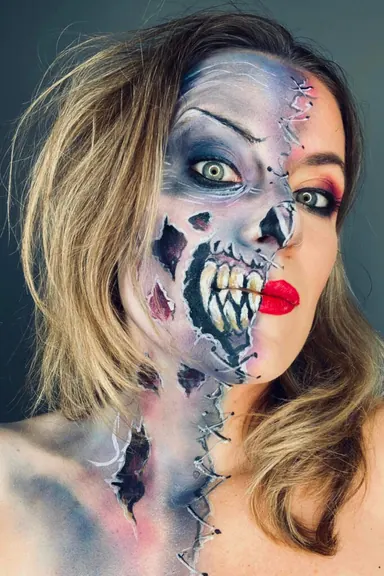 Halloween zombie girl makeup reference with pale skin, dark eyes, and staged horror details