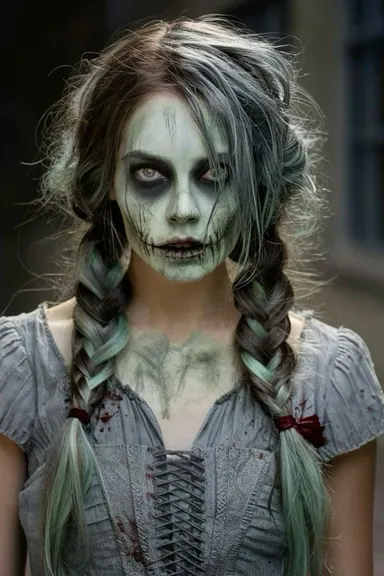 Halloween undead character portrait with cracked zombie makeup and messy dark hair