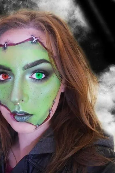 Halloween half-face zombie makeup reference with exposed teeth and theatrical gore styling